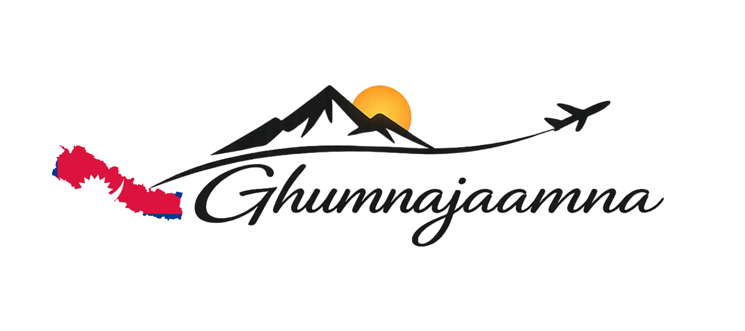 Ghumnajaamna travel logo with mountain, sun and airplane representing Nepal tourism